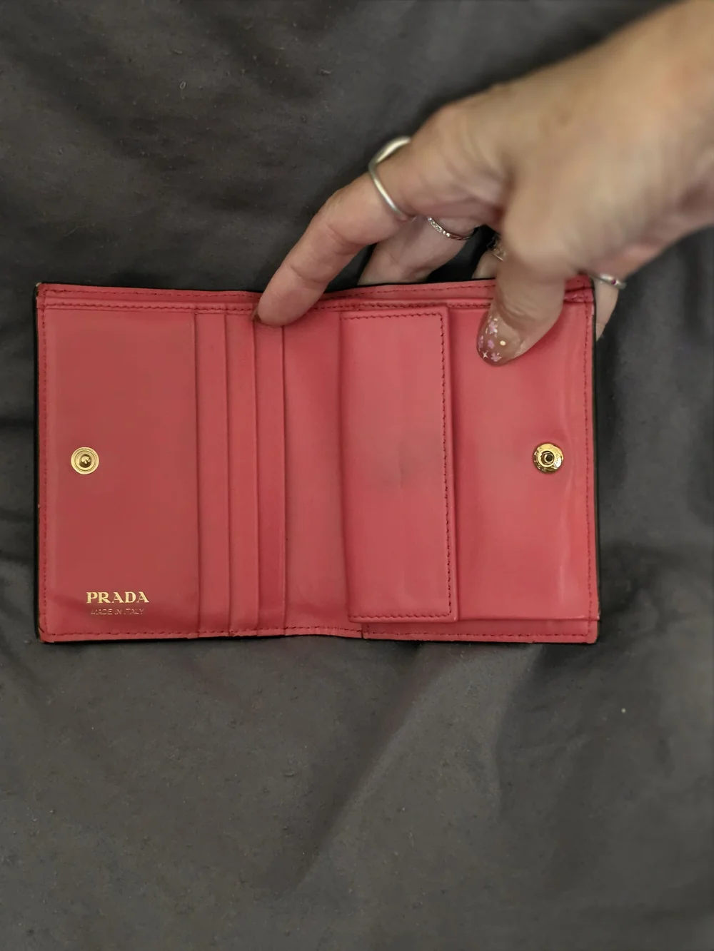 AUTHENTIC Prada Black & Pink Saffiano Leather Card Wallet with Gold-tone Logo - Picture 5 of 15